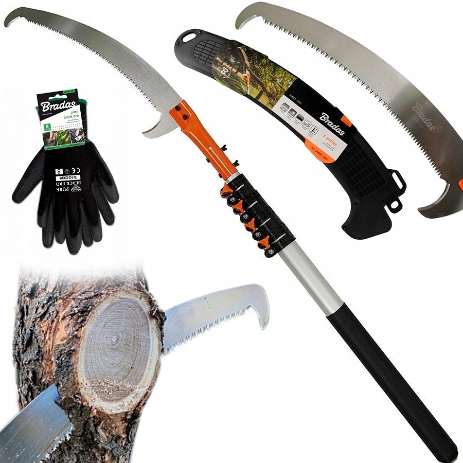 Teleskopická píla s hákom BRADAS 5,5 m kotúč 360 mm prerezávanie stromov 5,5 m + rukavice Bradas PURE BLACK PRO veľkosť 9 - L 1 pár